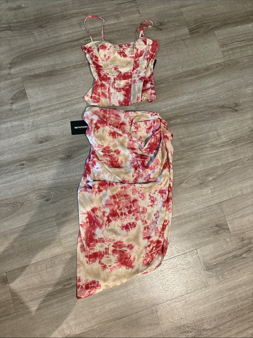 Tie-Dye Red and Cream Two-Piece Dress Set